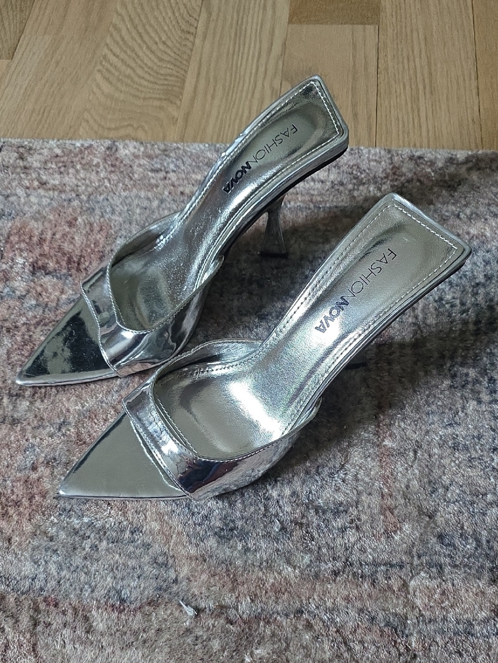 Fashion Nova Metallic Silver Pointed Toe Kitten Heel Mules